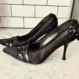 Two Lips Black Satin Heels with Stylish Buckle Accent.
